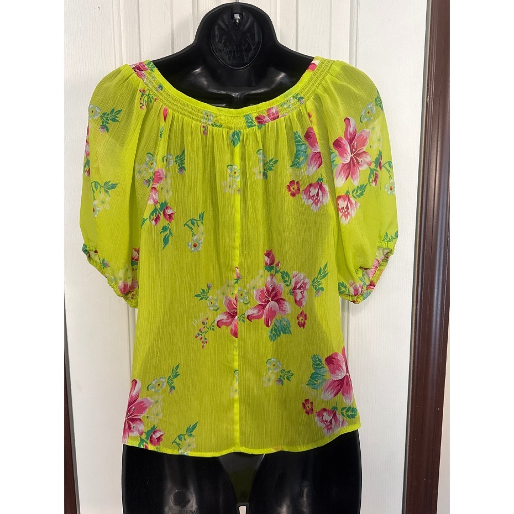 Hollister Floral Blouse Smocked Neck Sheer Top Summer Medium - Picture 2 of 3